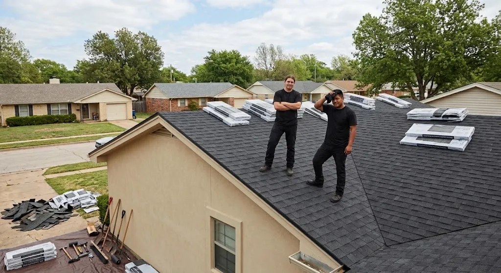 DFW Roofstone crew installing a new asphalt shingle roof on a Dallas–Fort Worth home